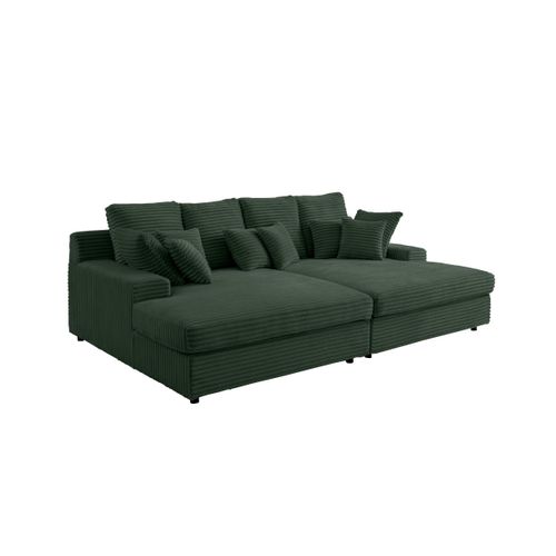 Canapé Droit 4 Places Fluffy Double Méridienne Et Assise Profonde En Velours Côtelé - Vert Foncé