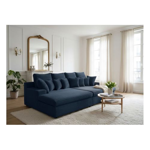 Canapé Droit 4 Places Fluffy Double Méridienne Et Assise Profonde En Velours Côtelé - Bleu Foncé