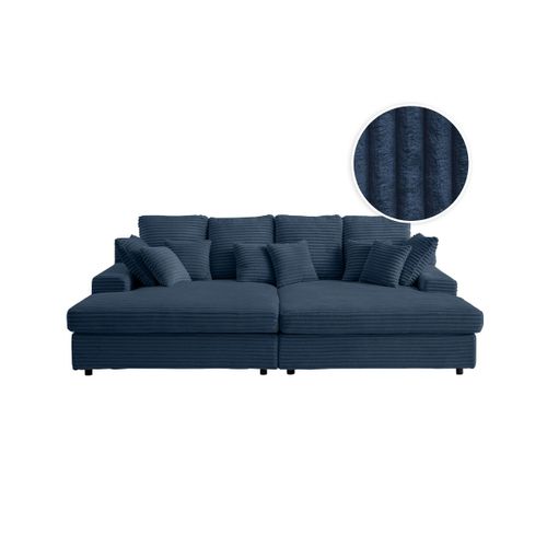Canapé Droit 4 Places Fluffy Double Méridienne Et Assise Profonde En Velours Côtelé - Bleu Foncé