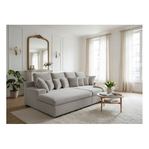 Canapé Droit 4 Places Fluffy Double Méridienne Et Assise Profonde En Velours Côtelé - Gris Clair