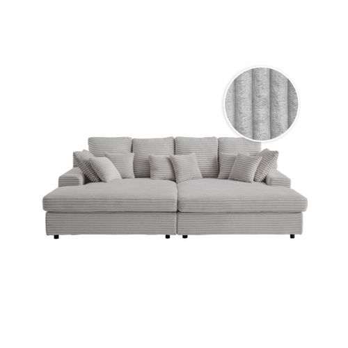 Canapé Droit 4 Places Fluffy Double Méridienne Et Assise Profonde En Velours Côtelé - Gris Clair
