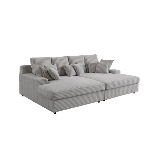 Canapé Droit 4 Places Fluffy Double Méridienne Et Assise Profonde En Velours Côtelé - Gris Clair