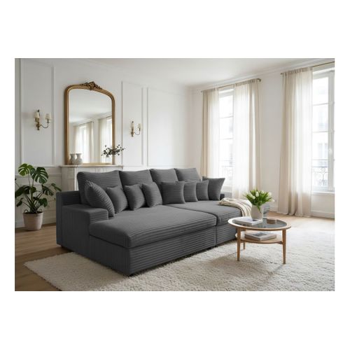 Canapé Droit 4 Places Fluffy Double Méridienne Et Assise Profonde En Velours Côtelé - Gris Foncé