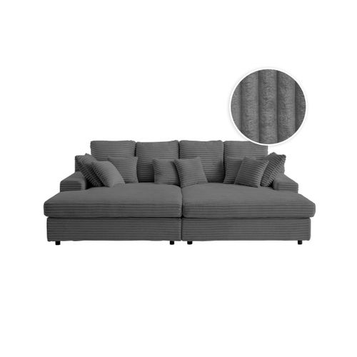 Canapé Droit 4 Places Fluffy Double Méridienne Et Assise Profonde En Velours Côtelé - Gris Foncé