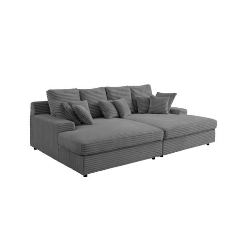Canapé Droit 4 Places Fluffy Double Méridienne Et Assise Profonde En Velours Côtelé - Gris Foncé