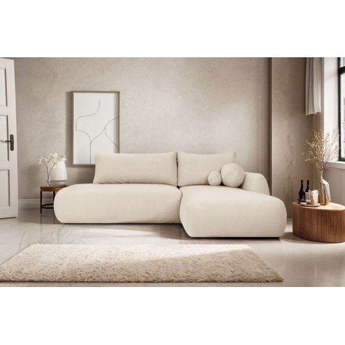 Canapé D'angle Convertible Fabio 5 Places En Tissu Bouclette - Angle Droit - Blanc Cassé