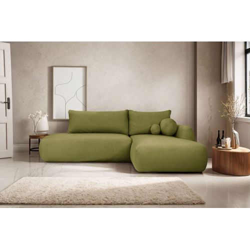 Canapé D'angle Convertible Fabio 5 Places En Tissu Bouclette - Angle Droit - Vert Kaki