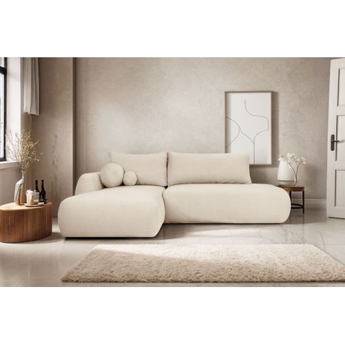 Canapé D'angle Convertible Fabio 5 Places En Tissu Bouclette - Angle Gauche - Blanc Cassé