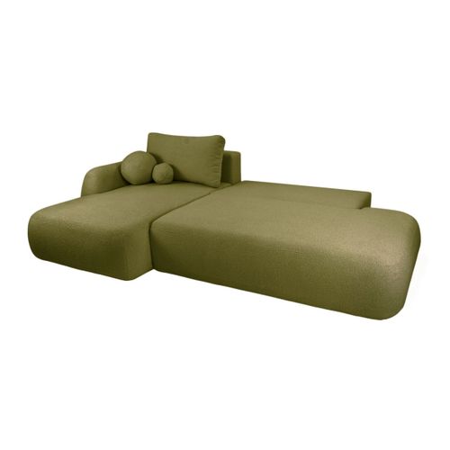 Canapé D'angle Convertible Fabio 5 Places En Tissu Bouclette - Angle Gauche - Vert Kaki