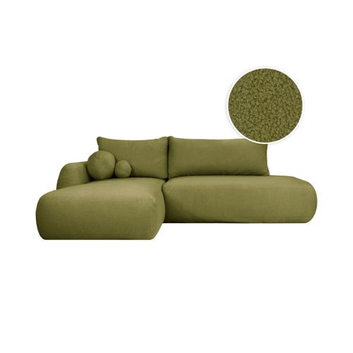 Canapé D'angle Convertible Fabio 5 Places En Tissu Bouclette - Angle Gauche - Vert Kaki