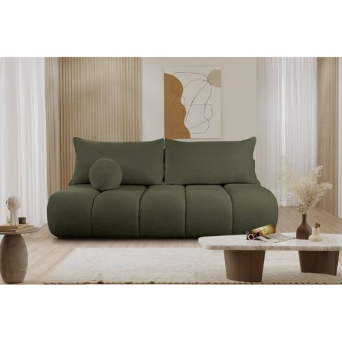 Canapé Convertible Droit 3 Places Merry En Tissu Bouclette - Vert Foncé