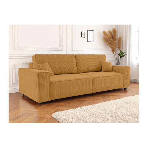 Canapé Droit 3 Places Farah Convertible En Velours Côtelé - Jaune