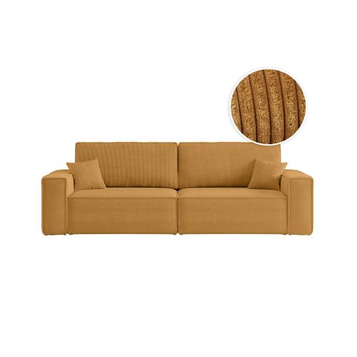 Canapé Droit 3 Places Farah Convertible En Velours Côtelé - Jaune