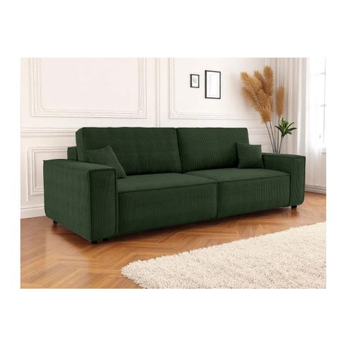 Canapé Droit 3 Places Farah Convertible En Velours Côtelé - Vert Foncé