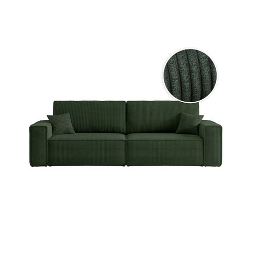 Canapé Droit 3 Places Farah Convertible En Velours Côtelé - Vert Foncé