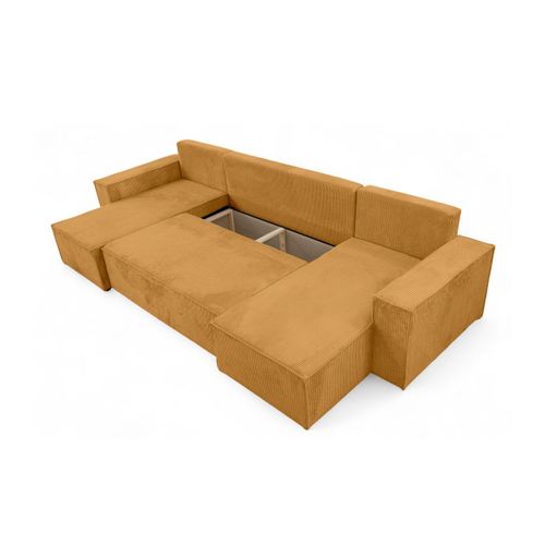 Canapé D'angle Farah Panoramique Convertible 6 Places En Velours Cotelé - Jaune