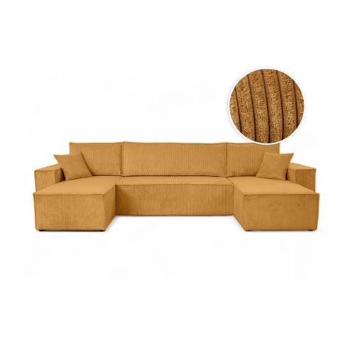Canapé D'angle Farah Panoramique Convertible 6 Places En Velours Cotelé - Jaune