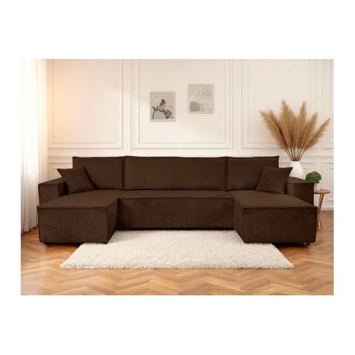Canapé D'angle Farah Panoramique Convertible 6 Places En Velours Cotelé - Marron