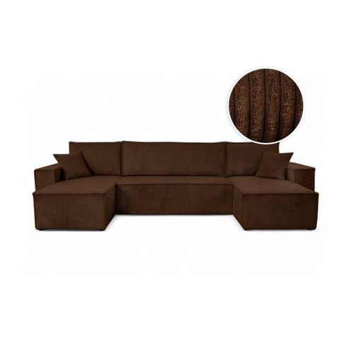 Canapé D'angle Farah Panoramique Convertible 6 Places En Velours Cotelé - Marron