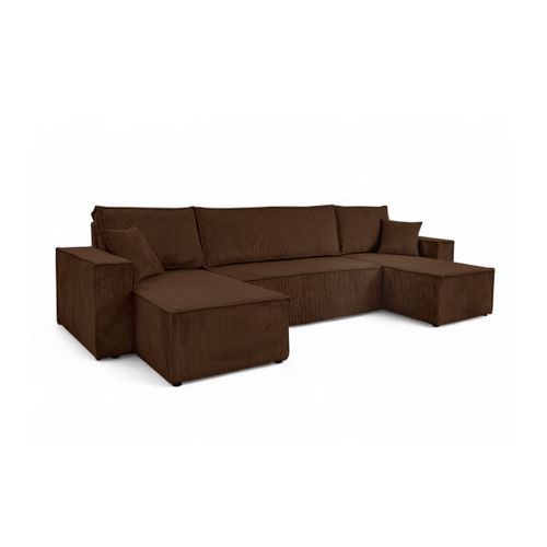 Canapé D'angle Farah Panoramique Convertible 6 Places En Velours Cotelé - Marron