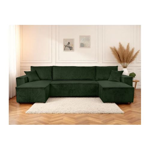 Canapé D'angle Farah Panoramique Convertible 6 Places En Velours Cotelé - Vert Foncé