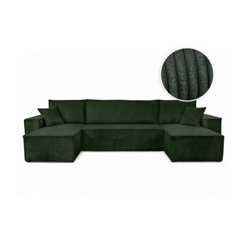 Canapé D'angle Farah Panoramique Convertible 6 Places En Velours Cotelé - Vert Foncé