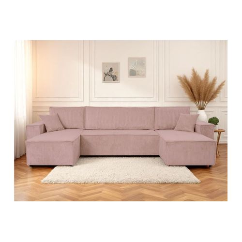 Canapé D'angle Farah Panoramique Convertible 6 Places En Velours Cotelé - Rose