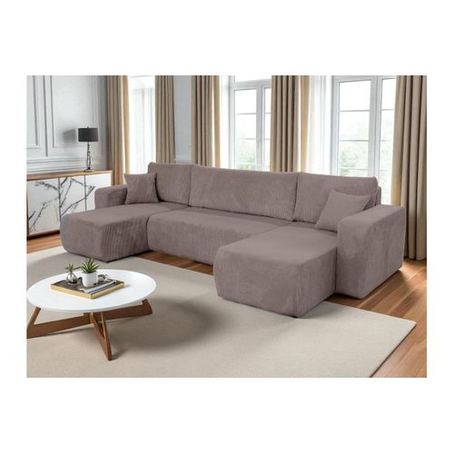 Canapé D'angle Alya Panoramique Convertible 6 Places En Velours Cotelé - Marron Glacé