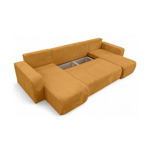 Canapé D'angle Alya Panoramique Convertible 6 Places En Velours Cotelé - Jaune