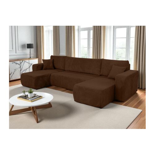 Canapé D'angle Alya Panoramique Convertible 6 Places En Velours Cotelé - Marron