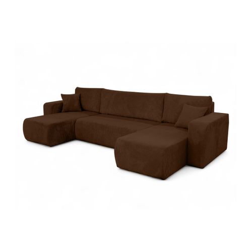 Canapé D'angle Alya Panoramique Convertible 6 Places En Velours Cotelé - Marron