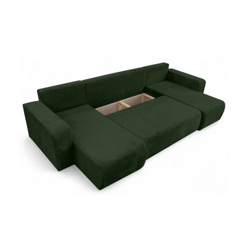 Canapé D'angle Alya Panoramique Convertible 6 Places En Velours Cotelé - Vert Foncé