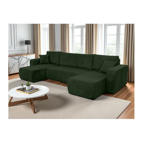 Canapé D'angle Alya Panoramique Convertible 6 Places En Velours Cotelé - Vert Foncé