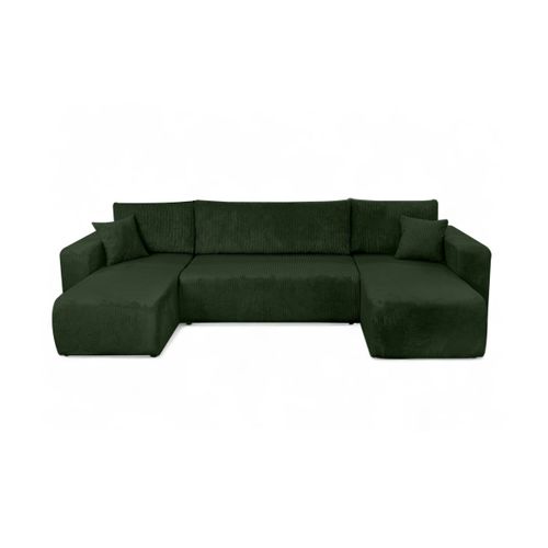 Canapé D'angle Alya Panoramique Convertible 6 Places En Velours Cotelé - Vert Foncé