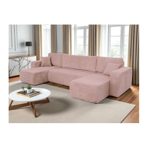 Canapé D'angle Alya Panoramique Convertible 6 Places En Velours Cotelé - Rose