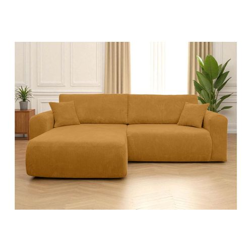 Canapé Alya D'angle Compacte Réversible Et Convertible 4 Places En Velours Côtelé - Jaune