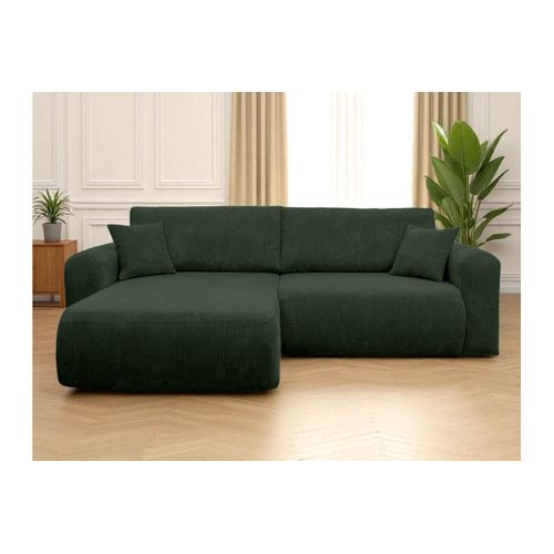 Canapé Alya D'angle Compacte Réversible Et Convertible 4 Places En Velours Côtelé - Vert Foncé