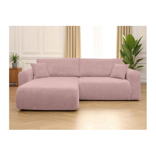 Canapé Alya D'angle Compacte Réversible Et Convertible 4 Places En Velours Côtelé - Rose