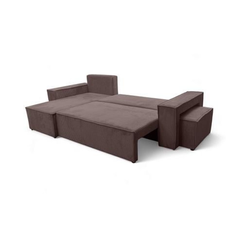 Canapé Farah D'angle Réversible Et Convertible 4 Places Avec Un Pouf En Velours Côtelé Marron Glacé