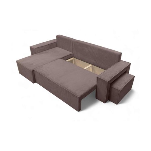 Canapé Farah D'angle Réversible Et Convertible 4 Places Avec Un Pouf En Velours Côtelé Marron Glacé