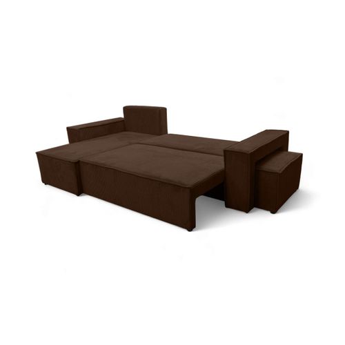 Canapé Farah D'angle Réversible Et Convertible 4 Places Avec Un Pouf En Velours Côtelé - Marron