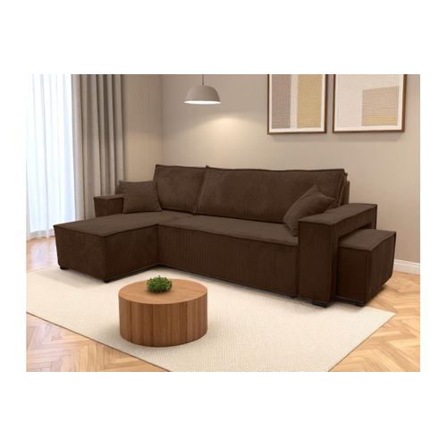 Canapé Farah D'angle Réversible Et Convertible 4 Places Avec Un Pouf En Velours Côtelé - Marron