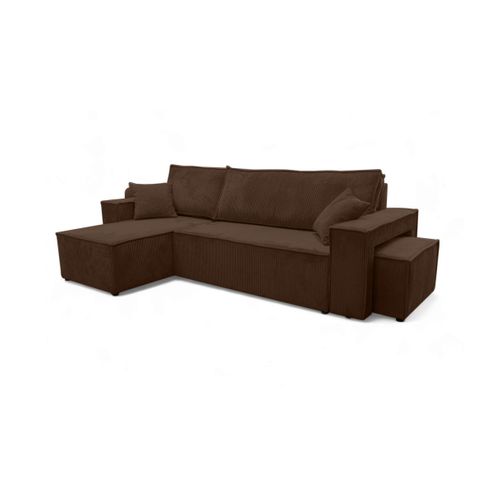 Canapé Farah D'angle Réversible Et Convertible 4 Places Avec Un Pouf En Velours Côtelé - Marron