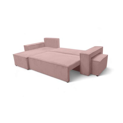 Canapé Farah D'angle Réversible Et Convertible 4 Places Avec Un Pouf En Velours Côtelé - Rose