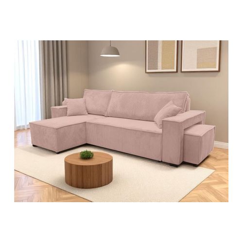 Canapé Farah D'angle Réversible Et Convertible 4 Places Avec Un Pouf En Velours Côtelé - Rose