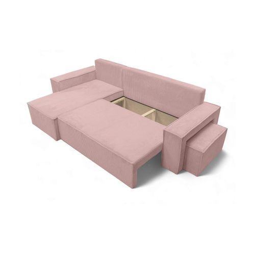 Canapé Farah D'angle Réversible Et Convertible 4 Places Avec Un Pouf En Velours Côtelé - Rose