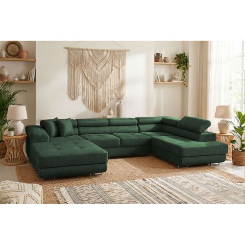Canapé Panoramique 6 Places Flavio Convertible Avec 2 Coffres En Tissu - Vert