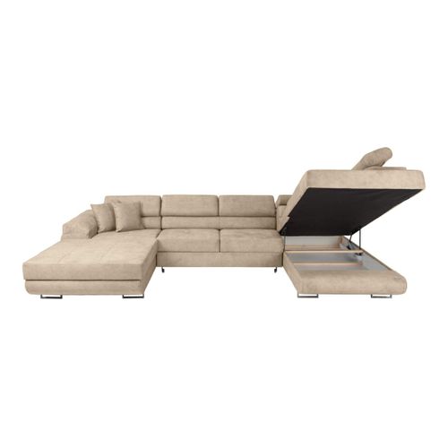 Canapé Panoramique 6 Places Flavio Convertible Avec 2 Coffres En Tissu - Beige