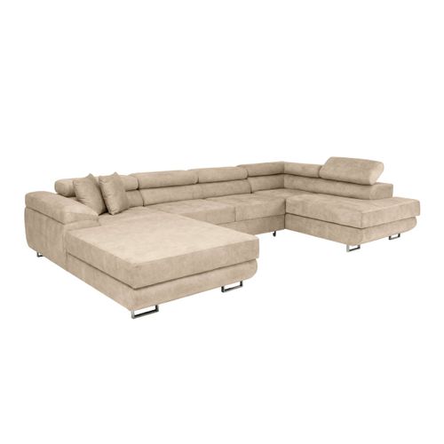 Canapé Panoramique 6 Places Flavio Convertible Avec 2 Coffres En Tissu - Beige