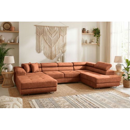 Canapé Panoramique 6 Places Flavio Convertible Avec 2 Coffres En Tissu - Terracotta